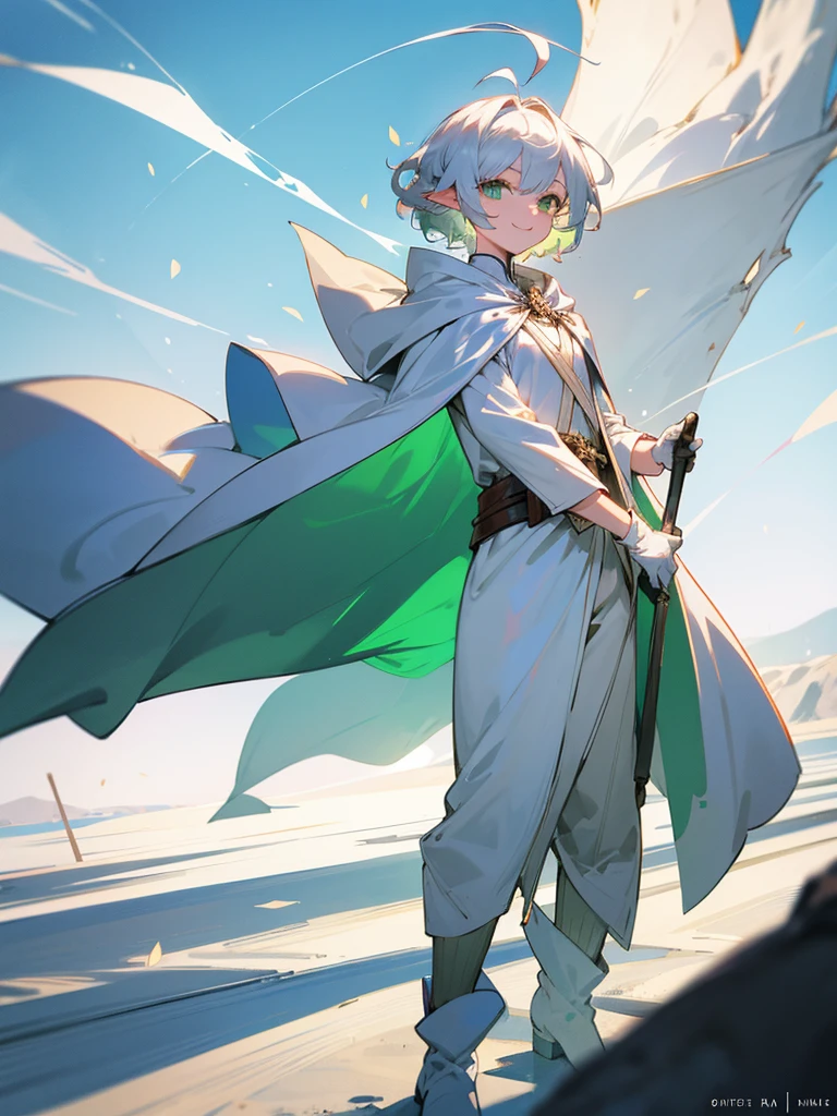Elf, silver hair,short hair, medium cut, ahoge, curly hair,green eyes,slender, fair skin, cool Smile, robe, cloak, White gloves, long boots, pants, on the salt flat,