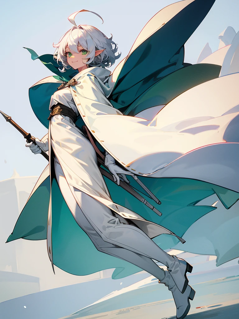 Elf, silver hair,short hair, medium cut, ahoge, curly hair,green eyes,slender, fair skin, cool Smile, robe, cloak, White gloves, long boots, pants, on the salt flat,