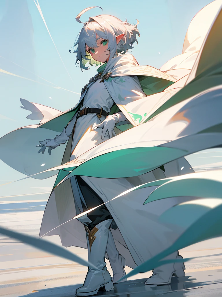 Elf, silver hair,short hair, medium cut, ahoge, curly hair,green eyes,slender, fair skin, cool Smile, robe, cloak, White gloves, long boots, pants, on the salt flat,