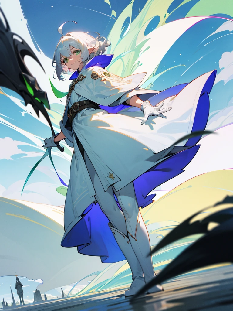 Elf, silver hair,short hair, medium cut, ahoge, curly hair,green eyes,slender, fair skin, cool Smile, robe, cloak, White gloves, long boots, pants, on the salt flat,