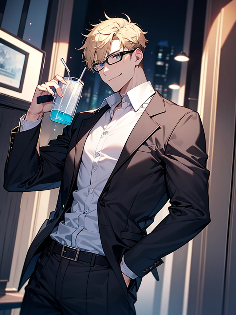 Portrait Shot。Have a professional camera:1.9、Villain、modern、night、Apartment room、Drinking alcohol、He has a bad appearance、Black-rimmed glasses、Lean and muscular、Short cropped hair、Blonde、A mean smile、White shirt、