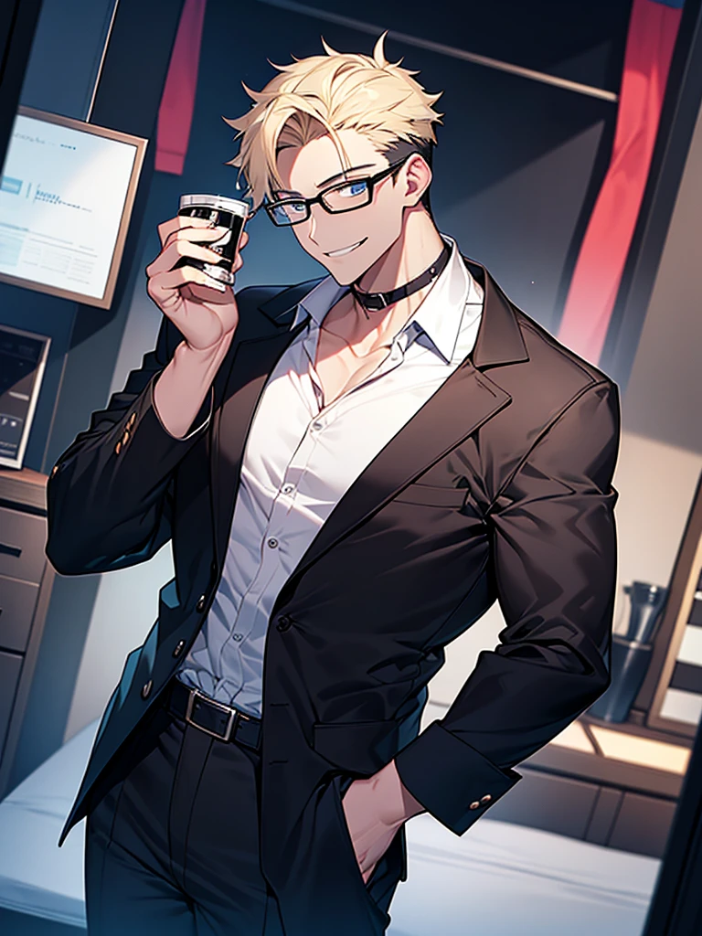 Portrait Shot。Have a professional camera:1.9、Villain、modern、night、Apartment room、Drinking alcohol、He has a bad appearance、Black-rimmed glasses、Lean and muscular、Short cropped hair、Blonde、A mean smile、White shirt、