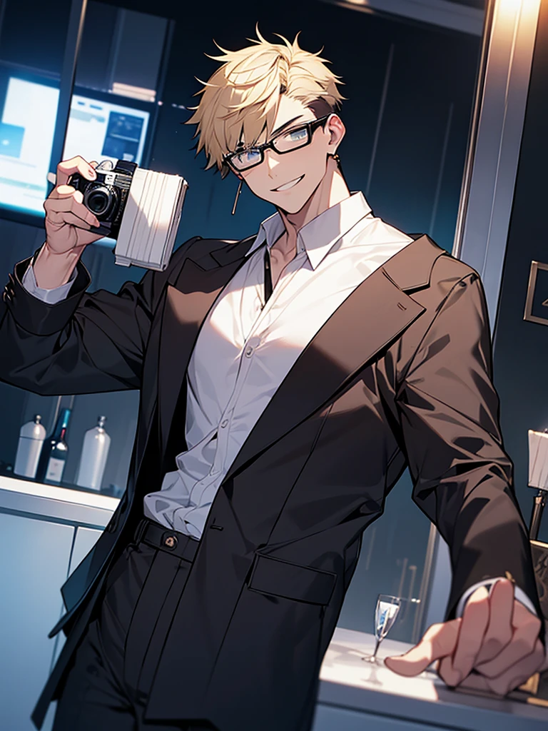 Portrait Shot。Have a professional camera:1.9、Villain、modern、night、Apartment room、Drinking alcohol、He has a bad appearance、Black-rimmed glasses、Lean and muscular、Short cropped hair、Blonde、A mean smile、White shirt、