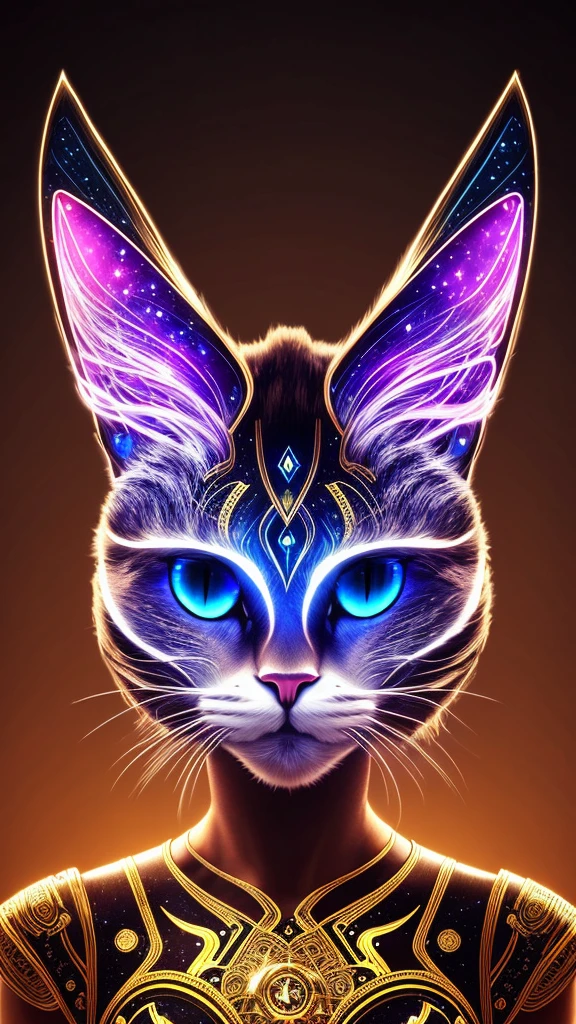 A galactic cat with a lot of hair on its head, The Third Eye, Staring at something in the distance, Intricate details,  electrical, Fantasy Art, Anatole Finstock, Latex paint, Very detailed, Misty Rutkoski, Human Development Report, Ultra Detailed, Rim Light, fade, dim