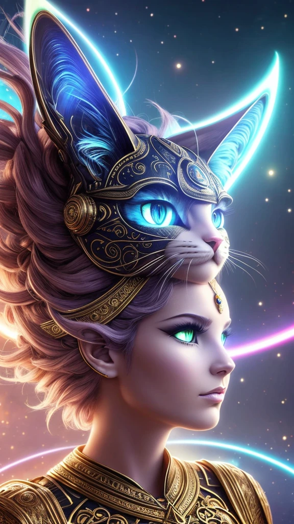 A galactic cat with a lot of hair on its head, The Third Eye, Staring at something in the distance, Intricate details,  electrical, Fantasy Art, Anatole Finstock, Latex paint, Very detailed, Misty Rutkoski, Human Development Report, Ultra Detailed, Rim Light, fade, dim