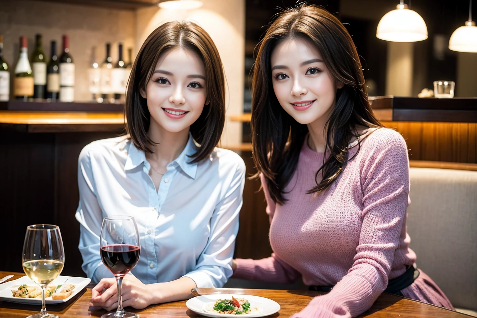 ((Highest quality、8K、masterpiece:1.3))、Shortcuts、cute、slimカップル、modelカップル、actress男優、(Realistic, Intricate details:1.2), full-course dinner、Wine Party、Amazing view of the sunset sky and clouds、A bright smile、short hair,Bright Face、 (Age 45), 42 years old, red wine 、Appetizers、Italian food、Wine bottle、Champagne、sparkling wine、Two beauties、Brown Hair、Shortcuts、Long sleeve shirt、dress、Beautiful woman 1, (slimな顔), (The body is slim), (Brown Hair), (Shortcuts), cheeks turn a little red,Attractive beauty、restaurant, In a prominent place (From the waist up) Nova Frog Style, actress, model, Upper Body, White wine, slim, wine glass, 中央に置かれたwine glass, smile, (smile: 1.15), Beautiful fine grain, Depth f/2,saturation, High Contrast, Strong light and shadow,Moist Body:1.5、3D texture、Delicate eyes、Brown Hair、The hair is very shiny、
