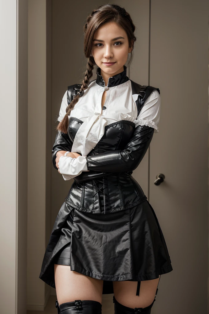 (beauty shot :1.5)(realistick:1.3)nico robin,((height 188cm, M cup gigantic breasts, breast size 99cm, waist size 55cm, hip size 91cm, detailed body measurements)) 1girl, undershirt, underskirt, white shirt, arms behind back, black dress, black hair, black thighhighs,collarbone, collared dress, cowboy shot, short hair, dress, leather dress, black dress, floating hair, full-length zipper, blue eyes, half-closed eyes,impossible clothes, impossible dress, long sleeves, looking at viewer, microdress, parted lips, partially unzipped, shirt, solo, straight-on, thighhighs, wing collar, zettai ryouiki, zipper, frilled skirt, frilled shirt, black longboots((,Luxurious and seductive smile ,Attractions around the korea))