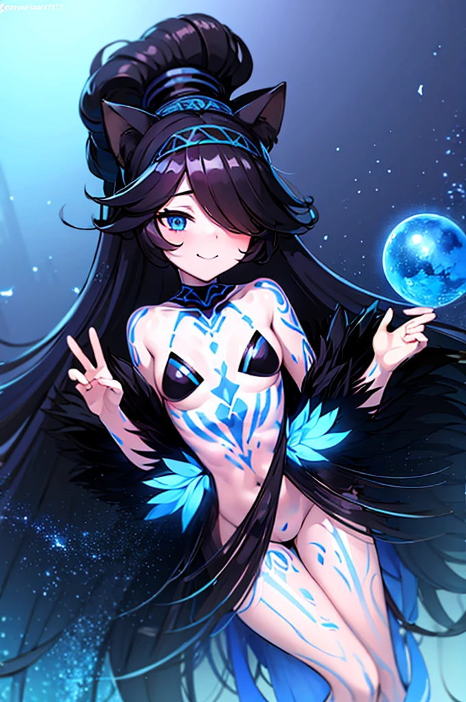 ((masterpiece)),((Highest quality)),High resolution,Extremely detailed CG,Perfect lighting,8k wallpaper、breast enhancement、looking at the camera、One Woman,Very long hair、Hiding one eye、Blue Eyes、Flat Chest、very thick legs、barefoot、smile、Fascinating face、Layered Black Curly Ponytail Hair, Voluminous Hair、Long Ahoge, Scrunchie Hair Tie, Blush Eyeshadow, Thick eyelashes, Blue body markings、bikini、Completely naked