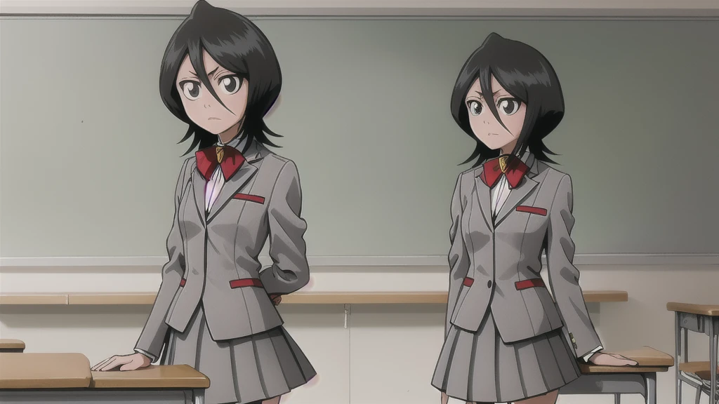 masterpiece, Highest quality, Cutchikirkia, bow tie, Grey blazer, Grey Skirt, School, classroom, Cowboy Shot,