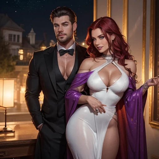 Tall muscular short-hair Chad man in a complete tuxedo with his wife: Athletic fit bodybuilding muscular 30 year old fitness athlete Princess woman, goth emo witch, fantasy setting, amazingly long wavy voluminous flowing red hair down her back to her thighs beautiful like a waterfall, big beautiful green eyes, MANY freckles on face and body, muscle tone, wet and glistening from sweat, ((( IMPORTANT: and a huge colorful loose baggy oversized low-cut comfy big dress with ONE wide-neck-hole that goes all around off-shoulder and cleavage in one big swoop 1.3))), flowers in hair, muscle definition in shoulders and belly and legs, gorgeous neck and shoulders, curvy, juicy wide hips, thick thighs, nice big muscular ass, mature gorgeous incredible pretty face, grinning, laughing, many tattoos on her body, exploring an expensive mansion of a rich man in the night during a popular Halloween party with others, Instagram model, (((small breasts 1.3))) (((realistic figure))), ((( incredible thoughtful cinematography to enhance the scene and sense of space, bokeh and incredible colors and professional photographer with a sense of the dynamic and having depth 1.3 ))) , SFW, abs,photorealistic,super long hair, incredible outfit,
