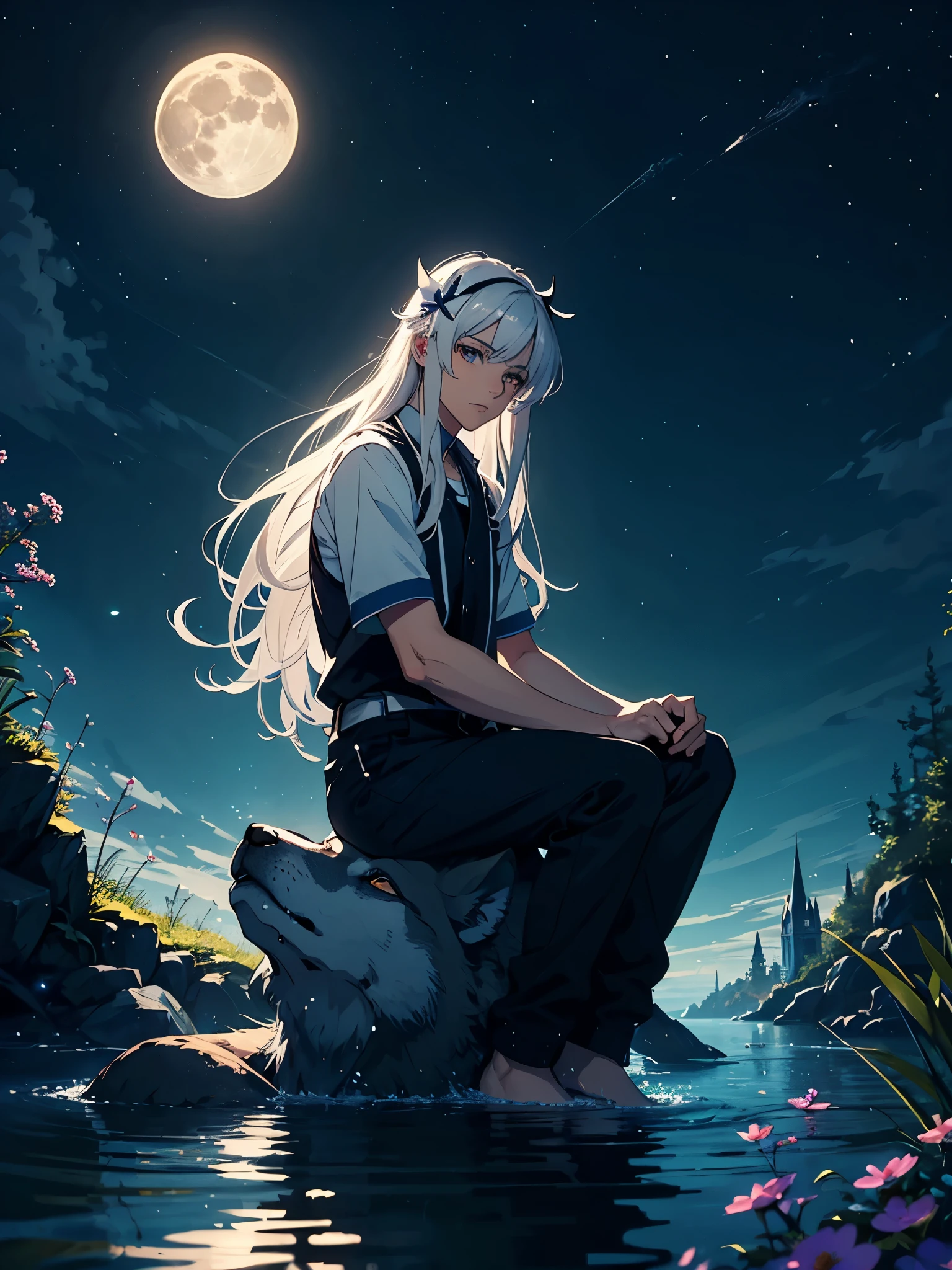 Big Wolf. day lights. More anime. light blue light. Bright bright light. magical. Moon. Sitting on a big white wolf. Lightening flowers. More anime. male. Blue flowers. Long hair. long white hair. aquatic, boy, God of the Moon, silver hair accessories, White hair.