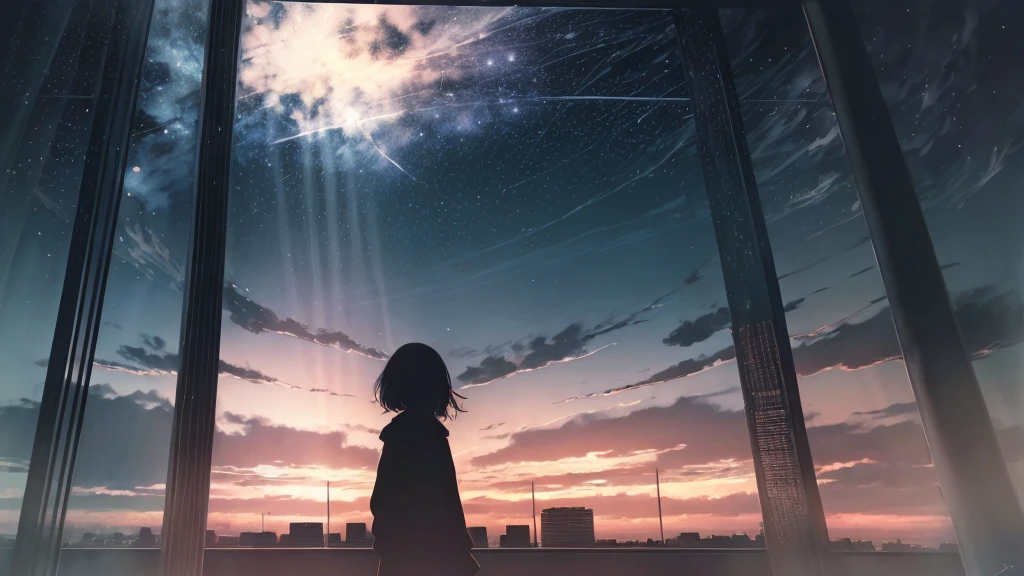 anime,silhouette,1girl, star (sky), cloud, cityscape, building, city, outdoors, skyscraper, city lights, night, night sky, sunset, skyline, Ultra High Definition,