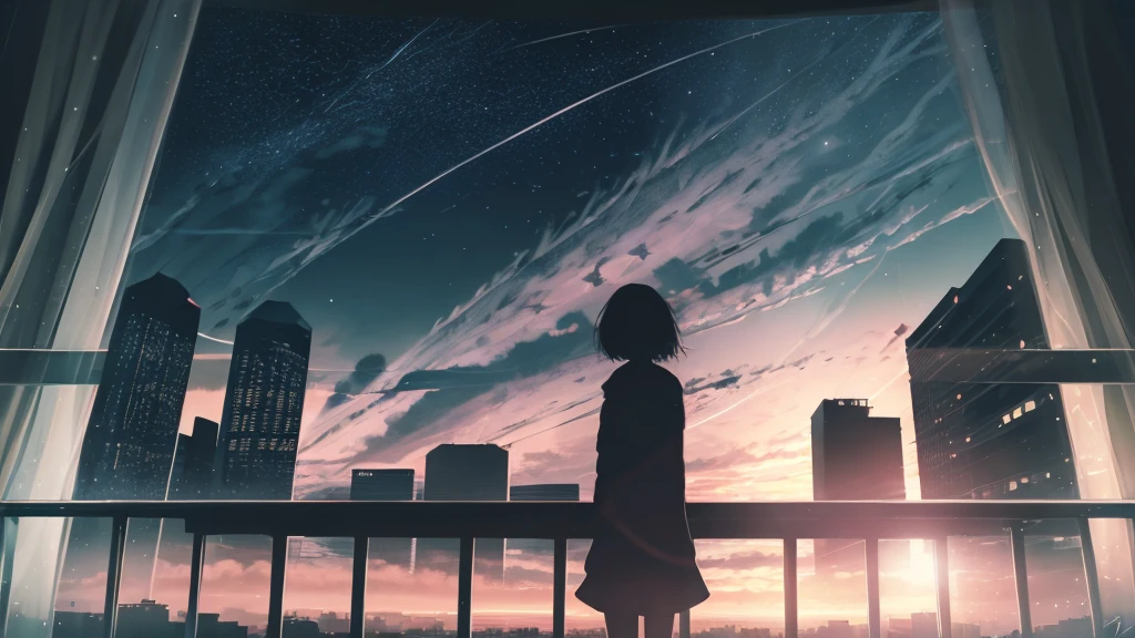 anime,silhouette,1girl, star (sky), cloud, cityscape, building, city, outdoors, skyscraper, city lights, night, night sky, sunset, skyline, Ultra High Definition,