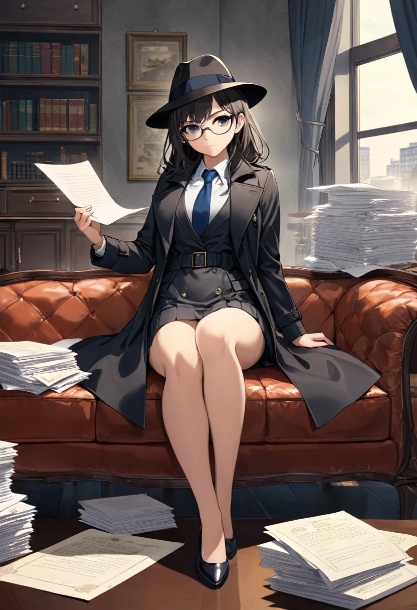masterpiece, best quality, 8k,1 girl ( black trench coat, suit, skirt, fedora, glasses, cross-legged, sitting on sofa, necktie, right hand hold magnifier:1.2, serious), ( table, papers on table ), window, ofice background,