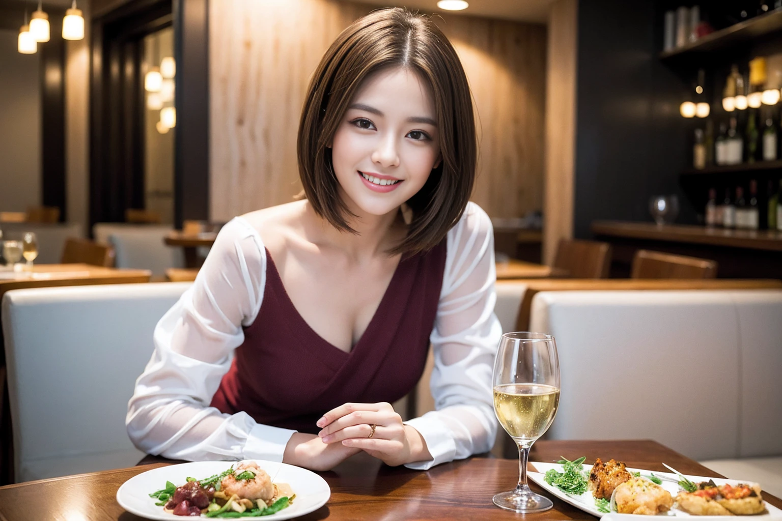 ((Highest quality、8K、masterpiece:1.3))、Shortcuts、cute、slimカップル、modelカップル、actress??、(Realistic, Intricate details:1.2), full-course dinner、Wine Party、Amazing view of the sunset sky and clouds、A bright smile、short hair,Bright Face、 (Age 45), 42 years old, red wine 、Appetizers、Italian food、Wine bottle、Champagne、sparkling wine、Two beauties、Brown Hair、Shortcuts、Long sleeve shirt、dress、Beautiful woman 1, (slimな顔), (The body is slim), (Brown Hair), (Shortcuts), cheeks turn a little red,Attractive beauty、restaurant, In a prominent place (From the waist up) Nova Frog Style, actress, model, Upper Body, White wine, slim, wine glass, 中央に置かれたwine glass, smile, (smile: 1.15), Beautiful fine grain, Depth f/2,saturation, High Contrast, Strong light and shadow,Moist Body:1.5、3D texture、Delicate eyes、Brown Hair、The hair is very shiny、