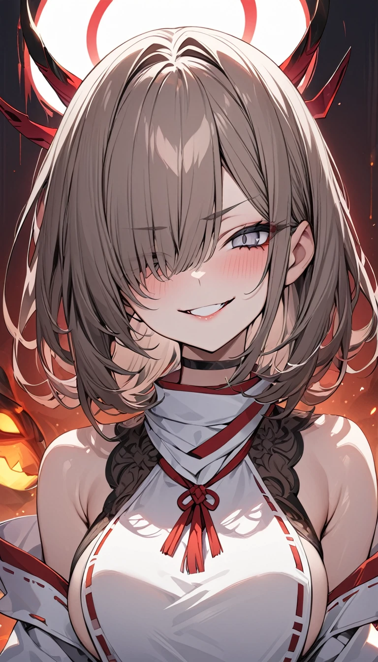 Highest quality masterpiece High resolution masterpiece Brown Bob Cover one eye Grey Eyes evil smiling, miko