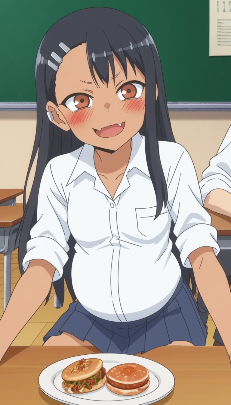 score_9, score_8_up, score_7_up, source_anime, anime screencap, anime coloring, 
hayasenagatoro,
hayase nagatoro, ((very drunk)), ((staggers)), ((agitated)), ((provocative)), ((small breast)), ((huge belly)), ((ate too much)), ((touch her stomach)), ((burp a lot)), long hair, bangs, black hair, hair ornament, brown eyes, hairclip, fang, dark skin, dark-skinned female, tan,
skirt, ((shirt)), ((white shirt)), pleated skirt, nail polish, blue skirt, red nails, earclip,
indoors, classroom, ((sitting on a chair)), ((full of empty plates on the table)), bent over,
looking at viewer, solo,