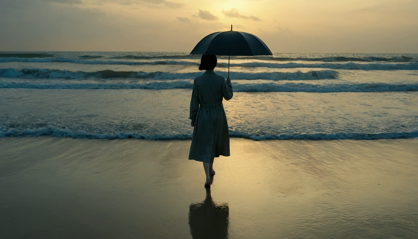8K, Vivid picture quality, Vivid picture quality, long deserted beach, walking slowly from afar, short medium hair woman, beautiful appearance, body like a female model, sunset의 붉은 빛, sunset, alone, afternoon, depressed, tide가 밀려온다, rain, black umbrella, ocean, tide, wind, Short and slim Korean woman, 잔잔한 tide