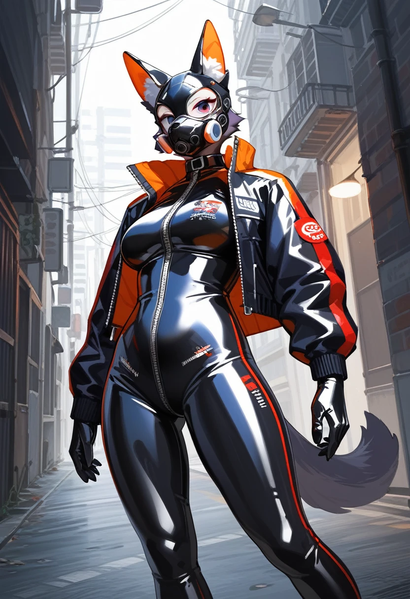 animation, Highest quality, Highest quality, High quality illustrations, masterpiece, Ultra-high resolution, Detailed Background, Alley, Absurd, Perfect Anatomy, performance, Good lighting, Shadows in the movies(kemono, Furry Personifi猫ion), Rubber suit, latex, neon, neonライト, neonカラー, Racing Suits, Cyber Suit, Leather Half Jacket, cyber punk, Rubber mask