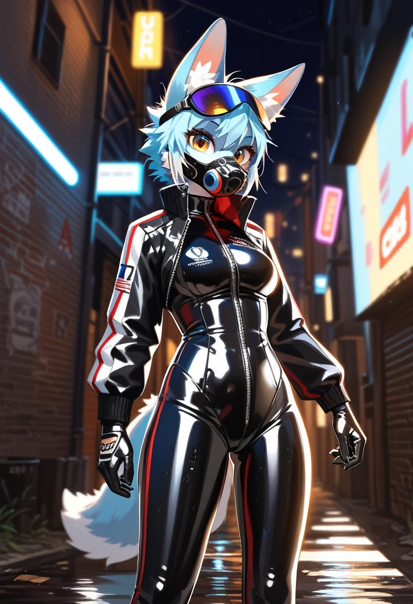 animation, Highest quality, Highest quality, High quality illustrations, masterpiece, Ultra-high resolution, Detailed Background, Alley, Absurd, Perfect ???????, performance, Good lighting, Shadows in the movies(kemono, Furry Personifi猫ion), Rubber suit, latex, neon, neonライト, neonカラー, Racing Suits, Cyber Suit, Leather Half Jacket, cyber punk, Rubber mask