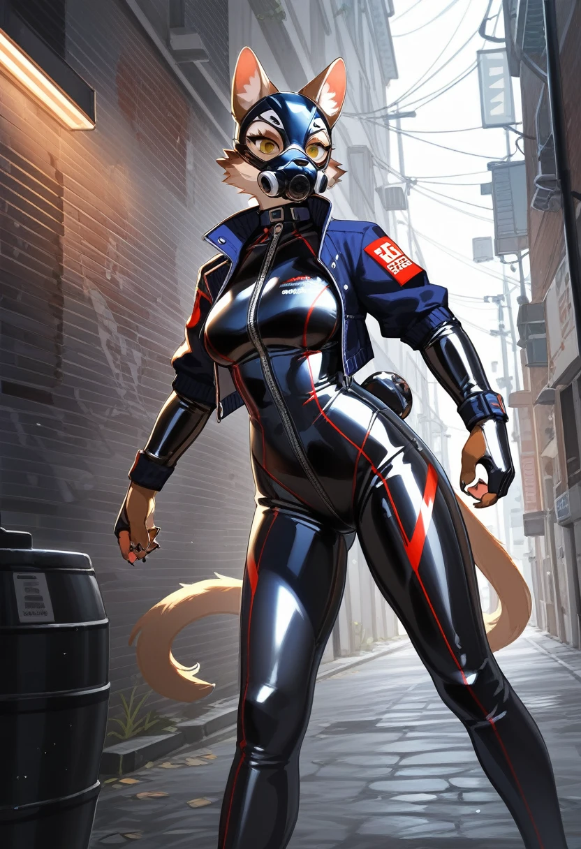 animation, Highest quality, Highest quality, High quality illustrations, masterpiece, Ultra-high resolution, Detailed Background, Alley, Absurd, Perfect Anatomy, performance, Good lighting, Shadows in the movies(kemono, Furry Personifi猫ion), Rubber suit, latex, neon, neonライト, neonカラー, Racing Suits, Cyber Suit, Leather Half Jacket, cyber punk, Rubber mask