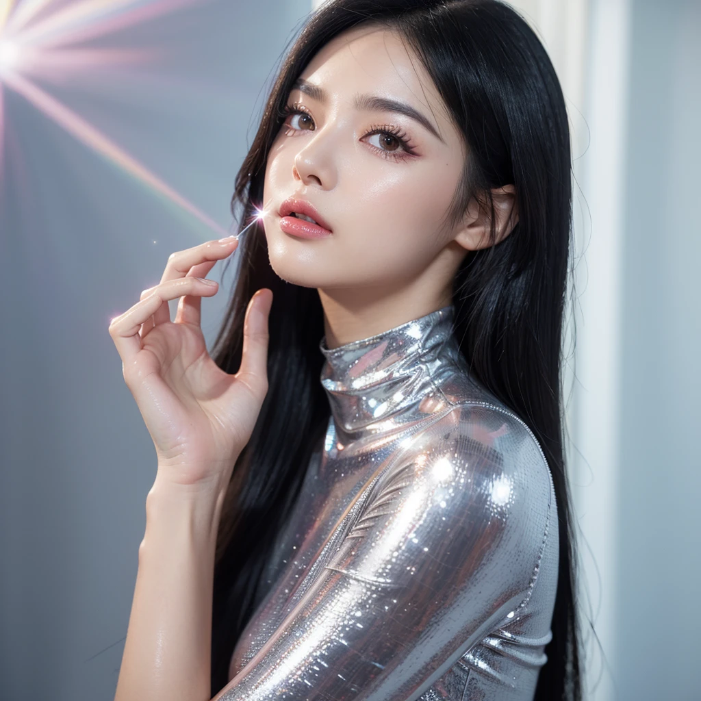 8K, RAW Photos, Realistic: 1.25), (Lip gloss, eyelash, Glossy face, Shiny skin, Highest quality, Ultra-high resolution, Depth of written boundary, chromatic aberration, Caustics, Moisturized lips, Super Trimmed Face, Sparkling, detailed eyes, Black Hair, semi-long, fashionable, Tight knit dress, thin