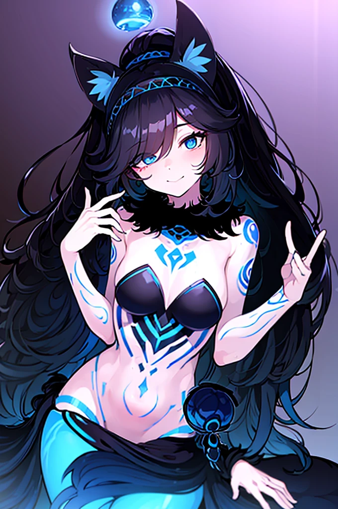 ((masterpiece)),((Highest quality)),High resolution,Extremely detailed CG,Perfect lighting,8k wallpaper、breast enhancement、looking at the camera、One Woman,Very long hair、Hiding one eye、Blue Eyes、Flat Chest、very thick legs、barefoot、smile、Fascinating face、Layered Black Curly Ponytail Hair, Voluminous Hair、Long Ahoge, Scrunchie Hair Tie, Blush Eyeshadow, Thick eyelashes, Blue body markings、Completely naked