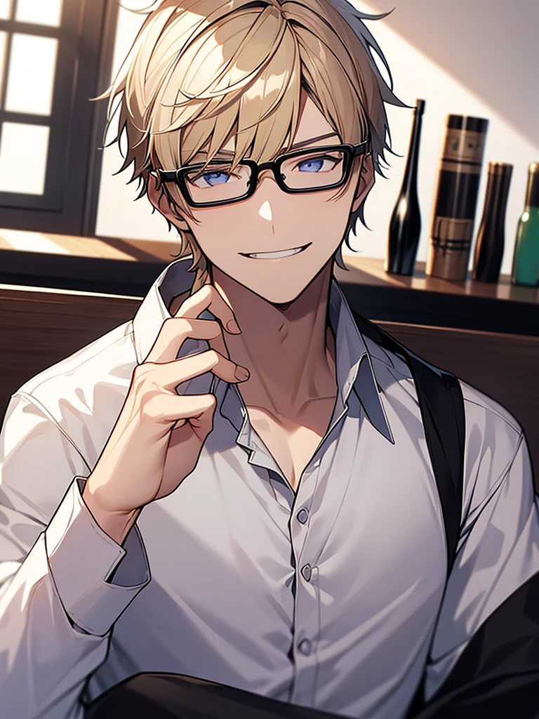 Portrait Shot。Have a professional camera:1.9、Villain、modern、night、Apartment room、Drinking alcohol、He has a bad appearance、Black-rimmed glasses、Lean and muscular、Short cropped hair、Blonde、A mean smile、White shirt