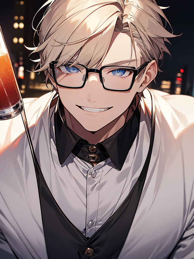 Portrait Shot。Have a professional camera:1.9、Villain、modern、night、Apartment room、Drinking alcohol、He has a bad appearance、Black-rimmed glasses、Lean and muscular、Short cropped hair、Blonde、A mean smile、White shirt