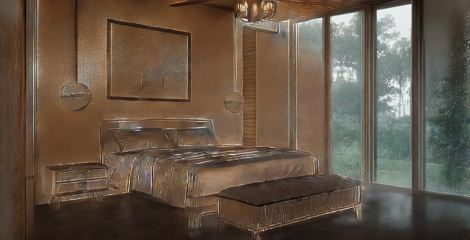 Stylish bedroom with woodgrain interior, moody, rain outside the window. Hyper-realistic, photo-realistic, ultra-detailed, 4K,top quality,masterpiece,stylish interior,big window
