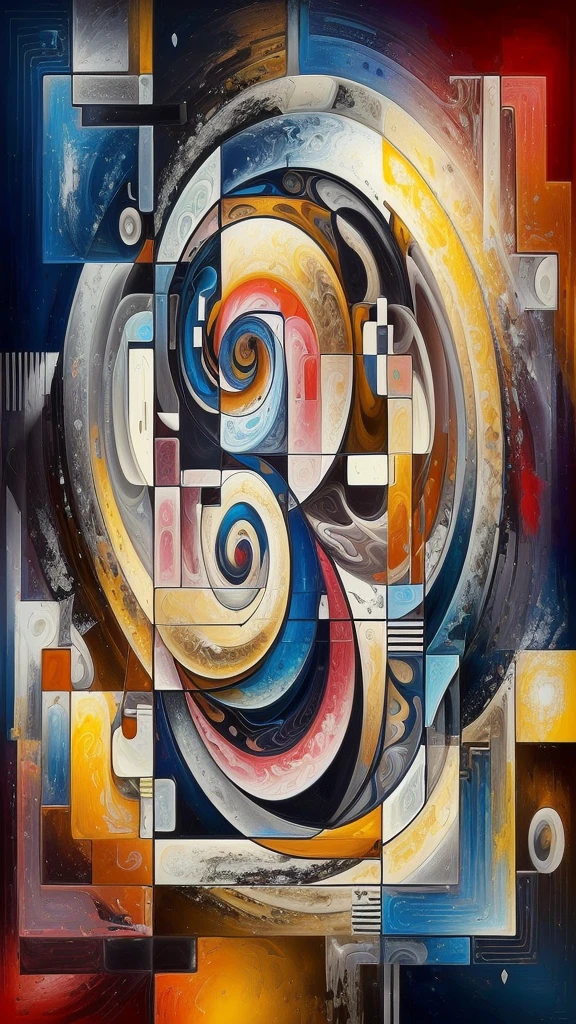 abstract painting of a spiral design with various colors, abstract surrealism masterpiece, spiraling, futuristic painting, the flow of time. complex shapes, synthetic cubism, abstract detailed, spiraling, intricate abstract, intricate oil painting artwork, orphism style, geometric abstract art, geometrical masterpiece, geometric abstract, abstract geometric art, contemporary digital art, metaphysical painting