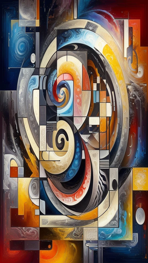 abstract painting of a spiral design with various colors, abstract surrealism masterpiece, spiraling, futuristic painting, the flow of time. complex shapes, synthetic cubism, abstract detailed, spiraling, intricate abstract, intricate oil painting artwork, orphism style, geometric abstract art, geometrical masterpiece, geometric abstract, abstract geometric art, contemporary digital art, metaphysical painting