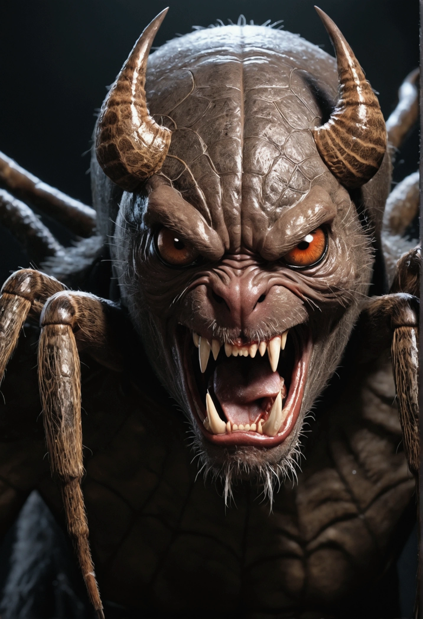 Giant hairy spider、(((Spider with a human grandfather's face)))、(((Huge canines)))、((vHave horns on his head)))、(((The monster Ushi-oni)))、、Wet,slimy,Reflex muscles,Rural Japan, moon, Realistic, Very detailed, Complex,Unreal Engine,Sinomatic Lighting,Wide-angle lens, Action Shots,8K, HyperRealistic movie poster