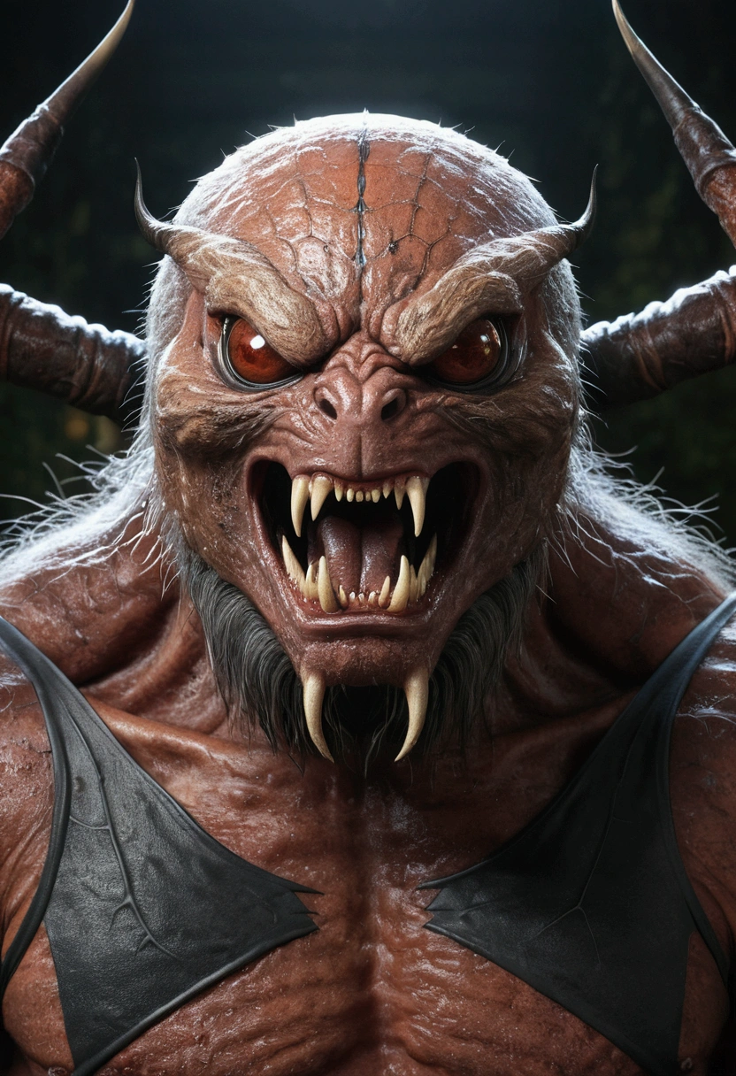 Giant hairy spider、(((Spider with a human grandfather&#39;s face)))、(((Huge canines)))、((vHave horns on his head)))、(((The monster Ushi-oni)))、、Wet,slimy,Reflex muscles,Rural Japan, moon, Realistic, Very detailed, Complex,Unreal Engine,Sinomatic Lighting,Wide-angle lens, Action Shots,8K, HyperRealistic movie poster
