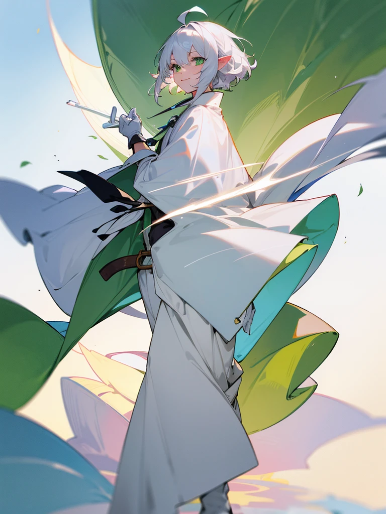 Elf, silver hair,short hair, medium cut, ahoge, curly hair,green eyes,slender, fair skin, cool Smile, robe, cloak, White gloves, long boots, pants