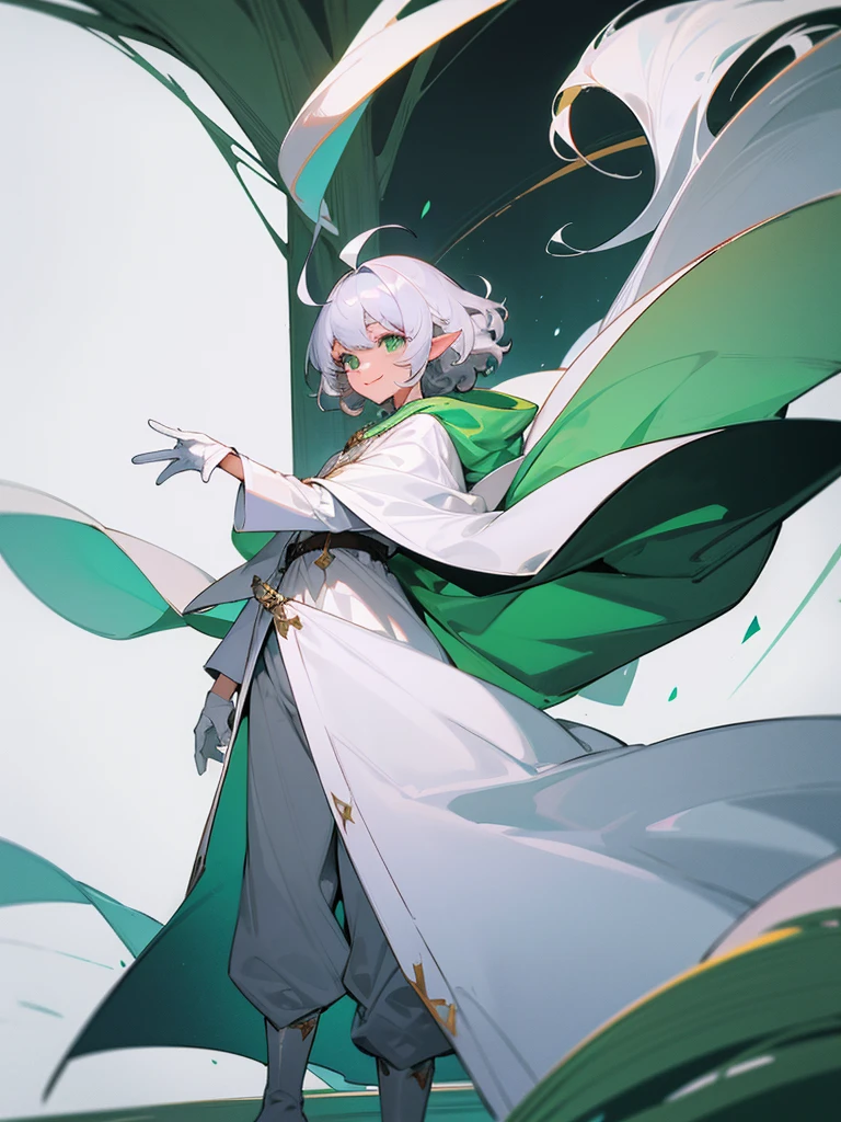 Elf, silver hair,short hair, medium cut, ahoge, curly hair,green eyes,slender, fair skin, cool Smile, robe, cloak, White gloves, long boots, pants