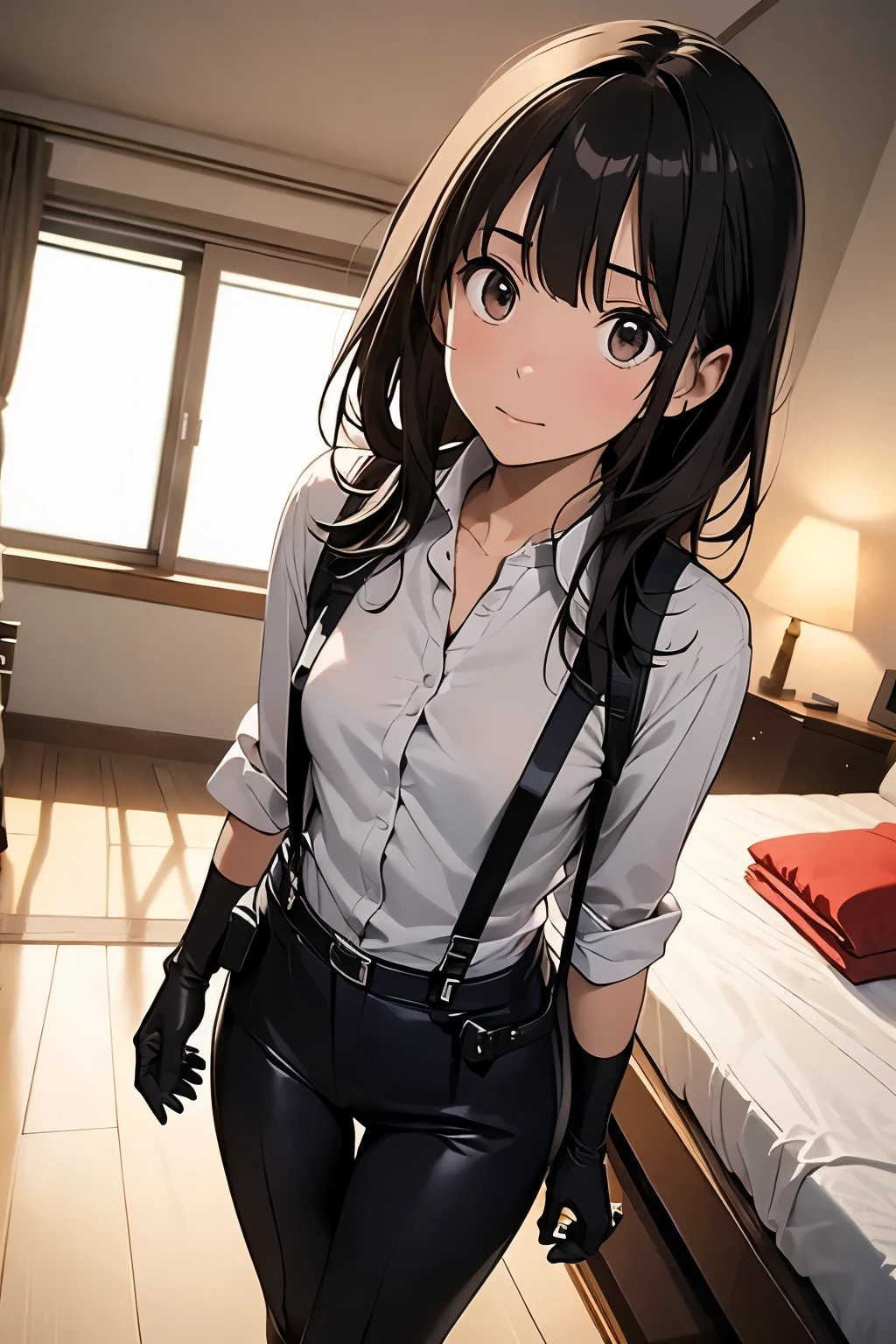 1 female, , high quality, masterpiece, Ultra-high resolution, , Cinema Lighting, , , And the suspenders with the cranes flying　　　Moderate breasts　 　 　　　　Small face　 　　　holster　　　　　　　 Lying in bed　Looking up　　　　Sweat 　　　belt　summer　脇Sweat 　Black Hole Gloves　suit　shirt　　Black jacket　 Black trousers　Leg Links　ズボンにbelt　　holster　 　　Hands behind your back　 Anxious expression　Looking up　Anxious face, legs apart　