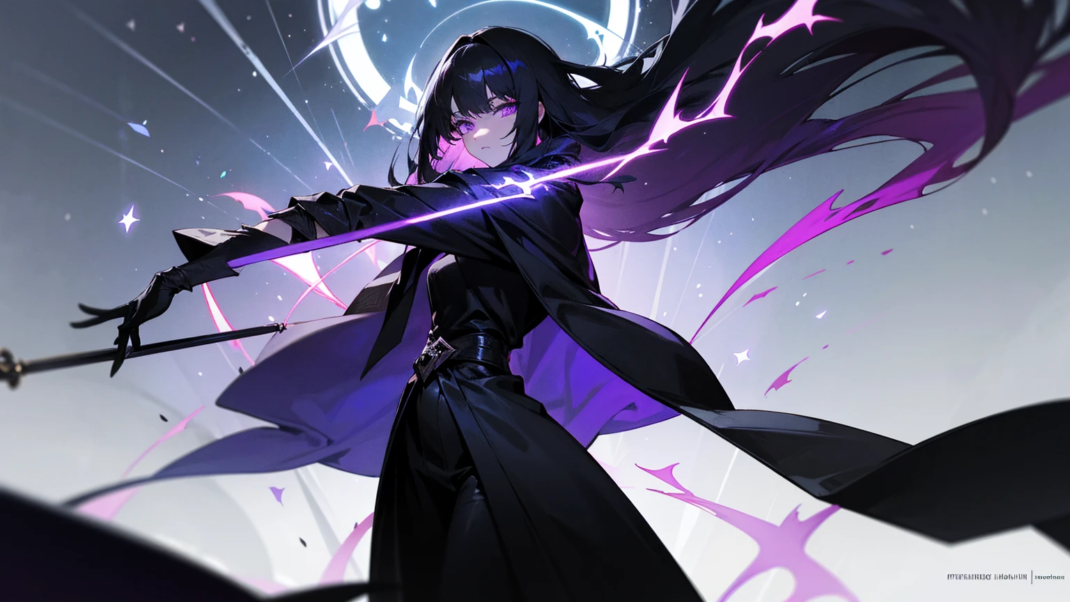 Physical characteristics: Hair: Long, shiny black, reaching to the middle of the back. I often let my hair spread out. Eyes: Deep purple, sparkling like stars on a dark night. Skin: Pale white but with a mysterious glow. Height: 170 centimeters Attire: Wears dark black robes decorated with ancient magic symbols. and wore black leather gloves weapon: Shadowblade: A long sword that glows with black light that can drain life from enemies and increase Miranda's power