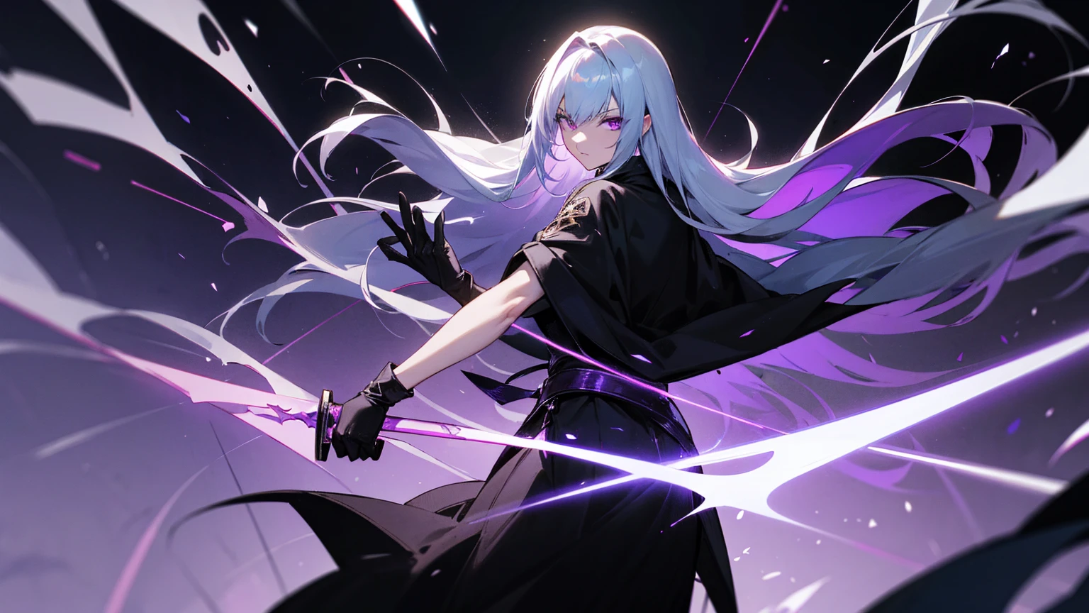 Physical characteristics: Hair: Long, shiny black, reaching to the middle of the back. I often let my hair spread out. Eyes: Deep purple, sparkling like stars on a dark night. Skin: Pale white but with a mysterious glow. Height: 170 centimeters Attire: Wears dark black robes decorated with ancient magic symbols. and wore black leather gloves weapon: Shadowblade: A long sword that glows with black light that can drain life from enemies and increase Miranda's power