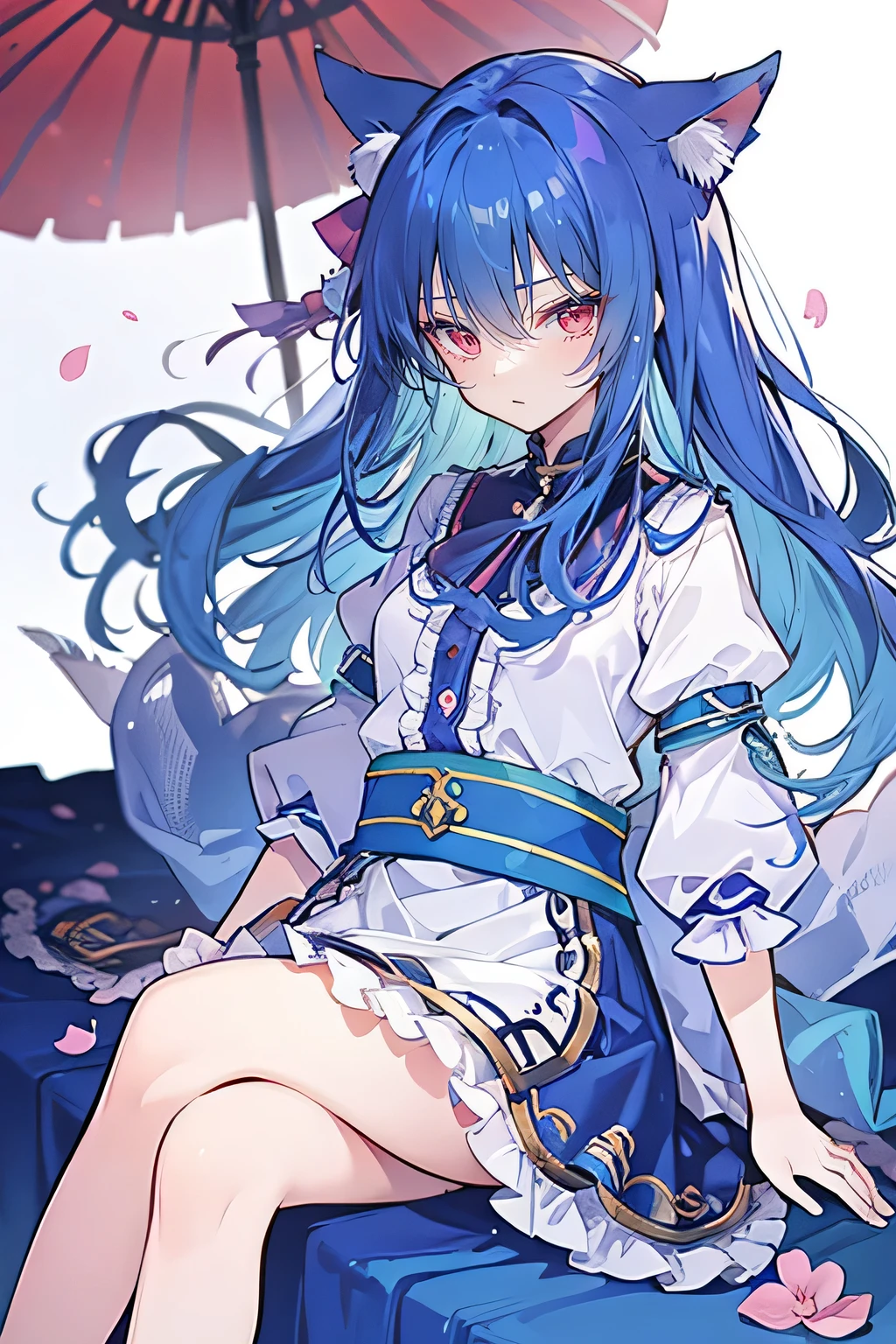 (masterpiece:1.2),Super detailed,lifelike,Expressive eyes,fair skin,perfect face shape,1 girl,
Japanese comics,Gorgeous blue hair,flowing blue hair,flowing clothes,Cat ears,Petals fall,beautiful lola,Baby Angel,
,Cross your legs,Gentle and peaceful background,The pavilion is cool and comfortable,