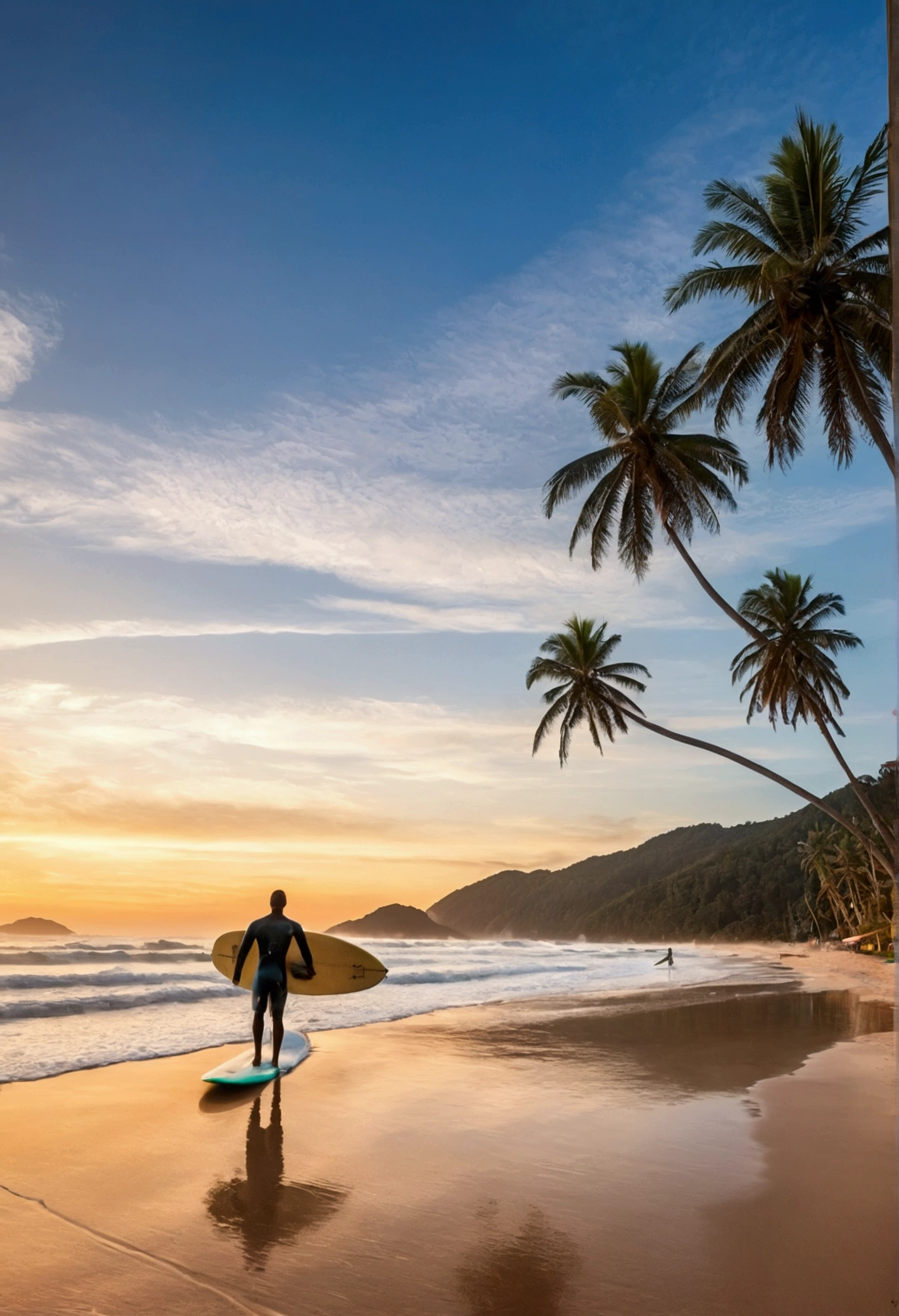 Located on Maresias Beach in Brazil、At dusk、Surfing、1 person、male、Riding the wave、Two coconut trees