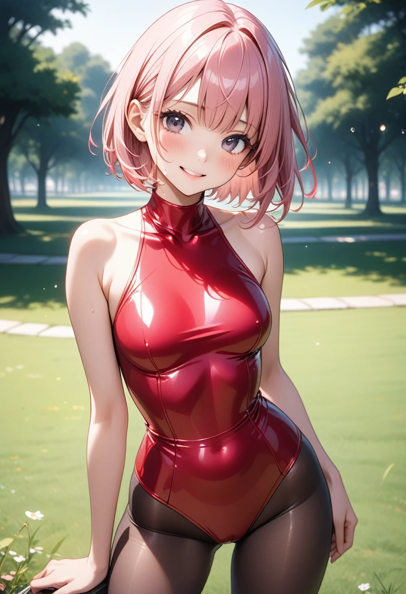 ((Crimson one-piece swimsuit)), (((high waist Pleated skirt))), luster Outfit, (Black pantyhose), skinny, solo, 1 woman, Masterpiece, highest quality, highest quality, 16K, incredibly absurd, highly detailed, 2.5D, ai-generated, delicate and dynamic, very delicate facial expressions, delicate eye depiction, erotic, only sexy woman, ((A cute and kind face)), healthy figure, ((25-year-old woman)), 160cm tall, medium firm swaying bust, (short hair), (pink hair:1.5), bob cut, black eye, blush, Sweat,Embarrassed,sexy, ((thin thighs)), (camel toe:0.8), (Erect nipples:0.9), (visible nipples:0.5), ((shiny and lustrous)), facing straight at viewer, smile, (standing), cowboy shot, ((arm at side)), Large park, daytime, bright, on the grass,