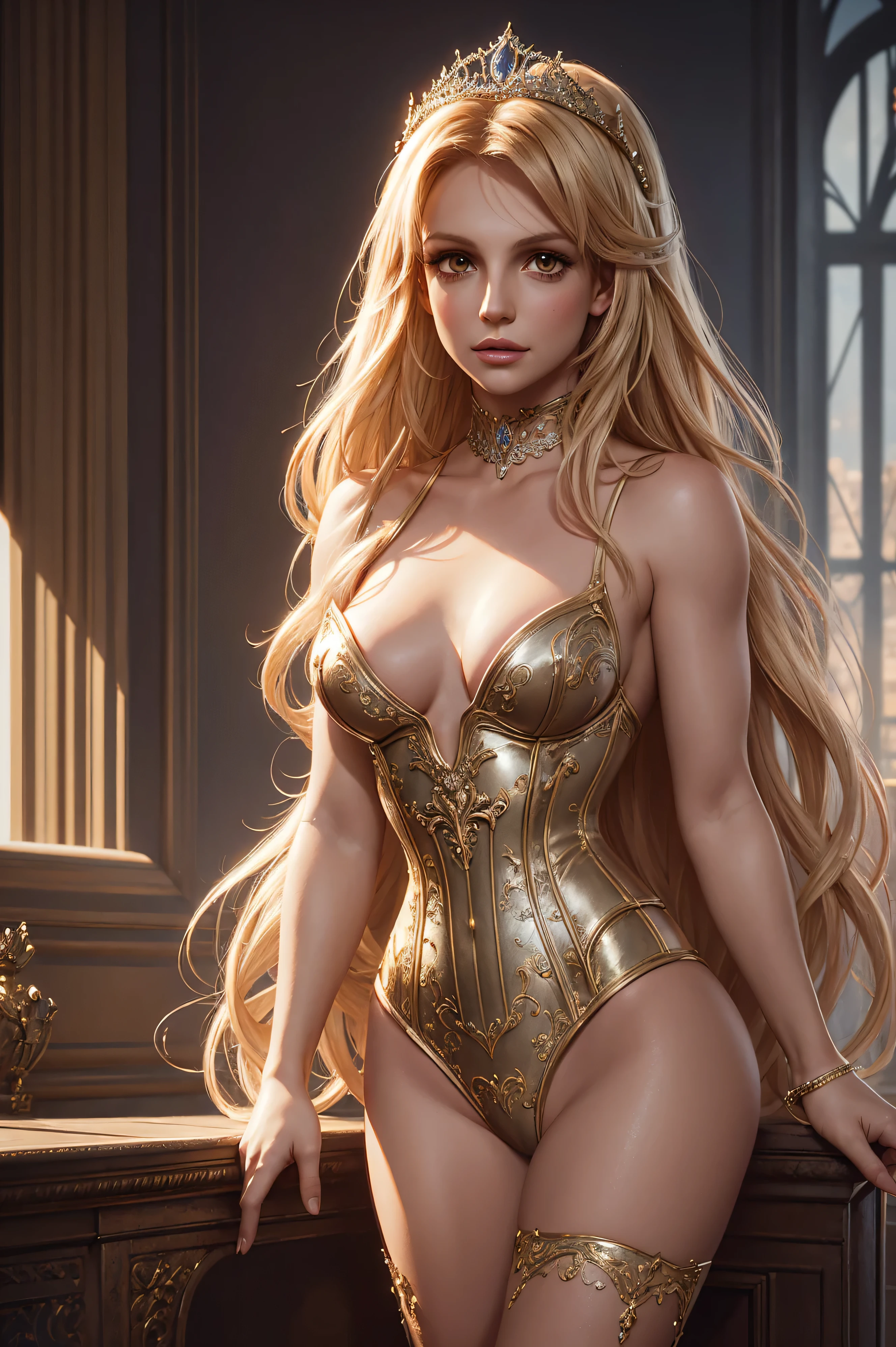 portrait Britney Spears, wearing nude breasts mermaid tiara corset costume, against the background of the Eiffel Tower, character portrait, 3 9 9 0 s, long hair, intricate, elegant, highly detailed, digital painting, artstation, concept art, smooth, sharp focus, illustration, art by wlop, charlie bowater and alexandra fomina, 36k