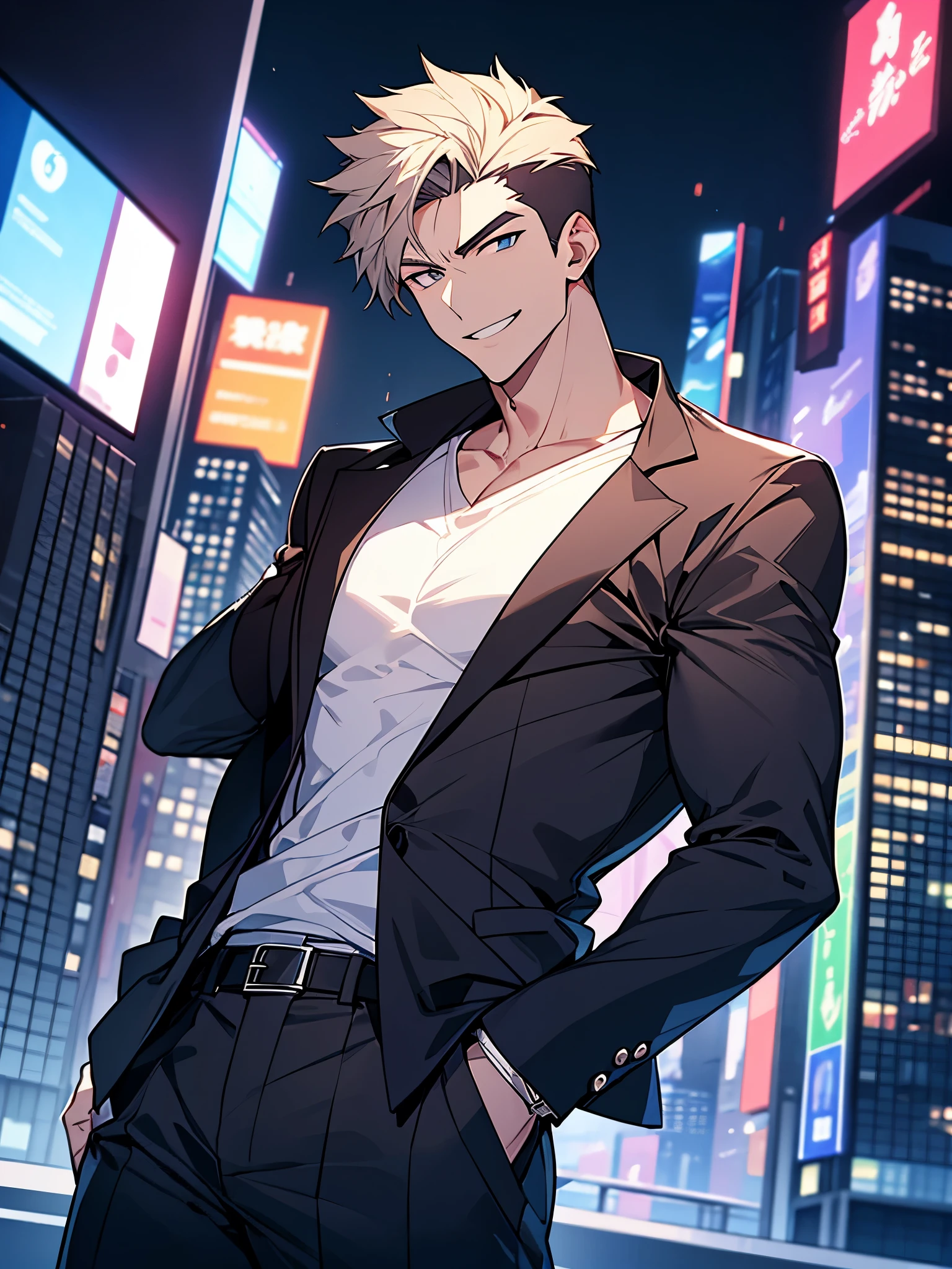 Portrait Shot。Have a professional camera:1.3、Villain、modern、Downtown at night、He has a bad appearance、Lean and muscular、Short cropped hair、A mean smile、White shirt、