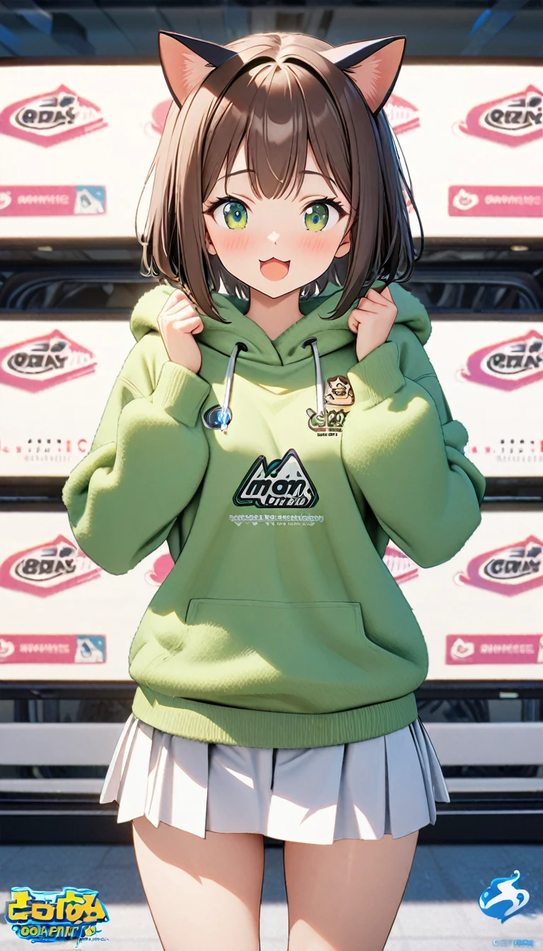 1girl,brown short straight hair,green eyes,cat ears,,white blazer with logo,green fluffy hoodie,white skirt,perfect lean body, enthusiastic ,8k,high definition