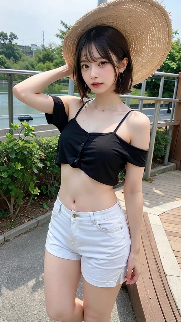 absurdres, RAW photo, extremely delicate and beautiful, masterpiece, Best Quality, ultra high resolution, 32k, hyperrealistic, ultra-detailed, perfect figure, Perfect Style, Perfect balance, in her 20s, very small head, very small face, delicate facial features, tearful mole, earring, very huge breasts, bare legs, full body shot, medium hair, black hair, colored inner hair, casual, blouse, white shirt, buttoned shirt, bare shoulders, collarbone, midriff, navel, shorts, straw hat,