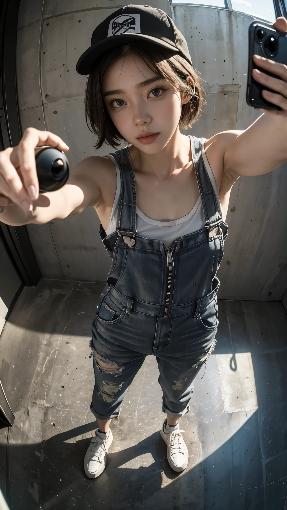 masterpiece, Highest quality, Very detailed, 8K, Realistic, One Girl, alone, ((Facial Up:1.4)),Tomboy, Very detailed face, (Selfie taken from above with a fisheye lens:1.4), Standing in front of a wall covered in hip hop graffiti, Short-cut gray hair, He is wearing a short tank top and an open-zipped hoodie...,I can see your chest,Overalls,Wear a New Era cap,Look forward