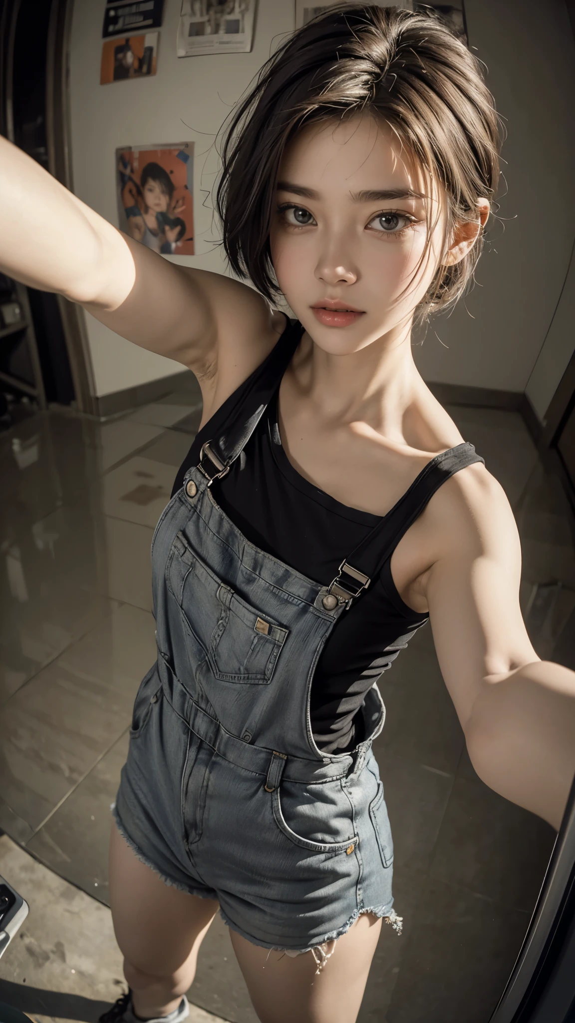 masterpiece, Highest quality, Very detailed, 8K, Realistic, One Girl, alone, ((Facial Up:1.4)),Tomboy, Very detailed face, (Selfie taken from above with a fisheye lens:1.4), Standing in front of a wall covered in hip hop graffiti, Short-cut gray hair, He is wearing a short tank top and an open-zipped hoodie...,I can see your chest,Overalls,Wear a New Era cap,Look forward