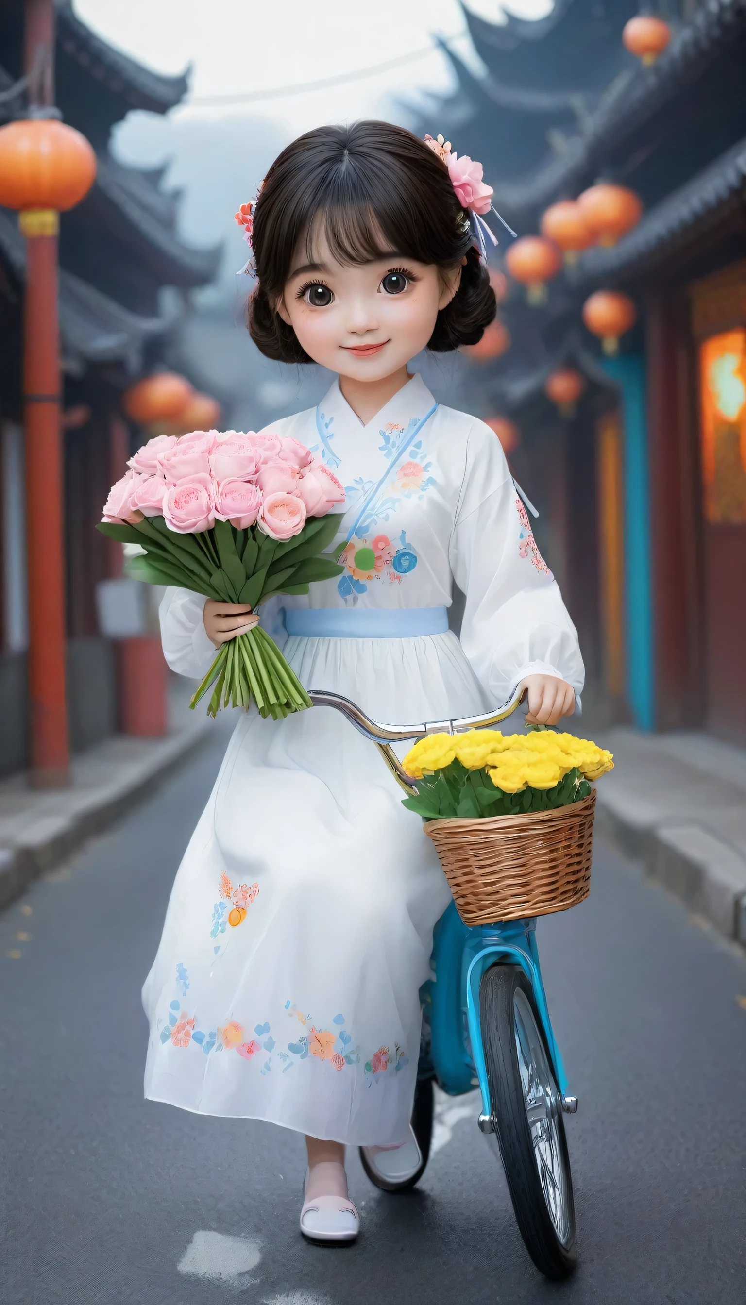 There is a girl riding a bicycle,holding a bouquet of flowers in hand, Cute cartoon character, Lovely digital art, Hungry Ghost Festival, Cute cartoon, Cartoon cute, Popular topics on cgstation, Lovely and detailed digital art, Lovely art style, cute and beautiful, Lovely digital painting, cute porcelain doll, Cute and cute, Lovely characters, Cute, colorful and adorable