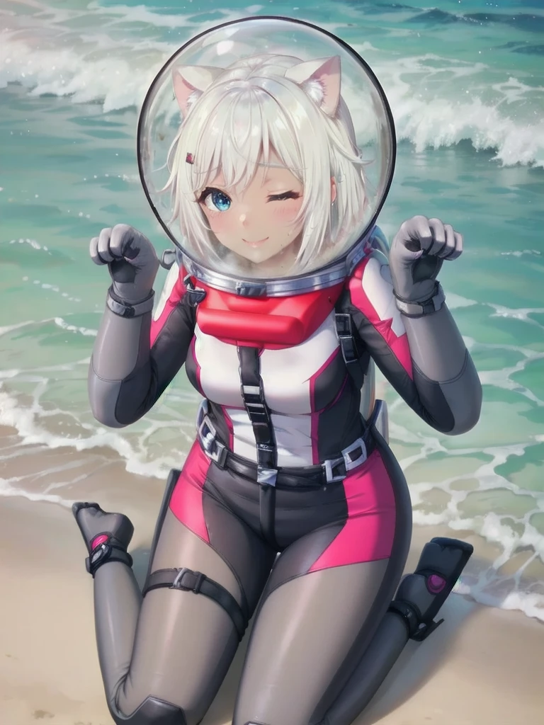 Highly detailed CG, 8k_wallpaper, top quality, masterpiece, higher eyes and nose, very delicate and beautiful, beautiful, detailed, very detailed, intricate, photorealistic, very detailed, (blue eyes: 1), (beautiful hands) , (beautiful fingers ), , (flat chest1.5), necklace (water:1.3), beach, (abs:1.3), (messy hair:1.5), (leaning forward:1), staring audience, (smile:1.3), (one eye closed:1.2), (sweating), (beautiful toes), (6 years old:1.5), (1female), (ash white hair:1.5),(middle hair:1 ), (dark skin: 1.4), (thigh girth: 1.3), beautiful, narrow waist, white thigh highs, skin curve, narrow waist, thighs, wide hips, eyeliner, eyelashes, perfect face, detailed eyes, (dark skin : 1.5),,,swimsuit, space helmet, CAT EARS, bubble helmet, eva helmet, WHITE BODYSUIT, FROM BELOW, (PAW POSE:1.5)